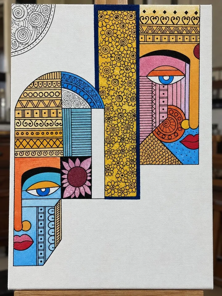 Geometric faces, original painting by Haimanti Paul Nayak
